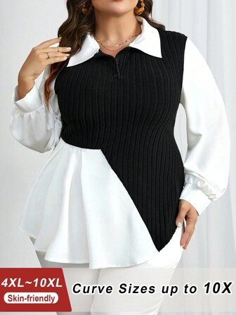 SHEIN CURVE+ Plus Size Contrast Color Ribbed Knitting & Mesh Panel Splicing Turn-Down Collar Wome... | SHEIN