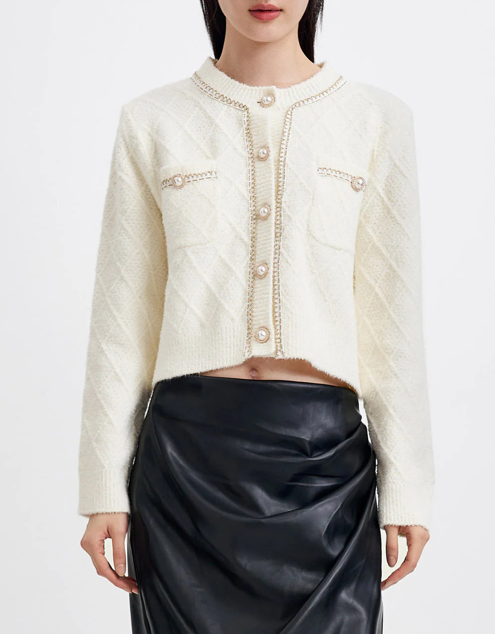 Fluffy Contrast Trim Faux Pearl Button Cardigan | Urban Revivo