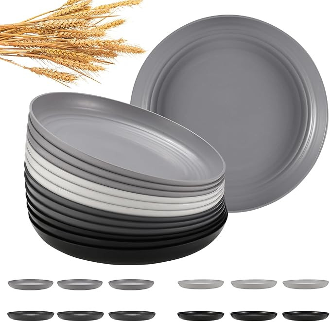 12 Pcs Unbreakable Deep Dinner Plates Set, 9 inch Reusable Plastic Wheat Straw Plates, Microwave ... | Amazon (US)