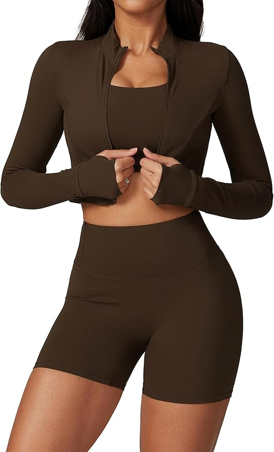 Workout Sets for Women 3 Piece High Waisted Seamless Shorts Crop Top Jacket Gym Yoga Outfit Stret... | Amazon (US)