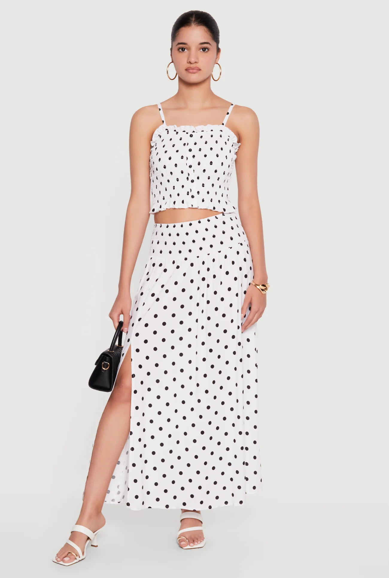 Smocked Drop Waist Polka Dot Side Slit Skirt | Rainbow Shops