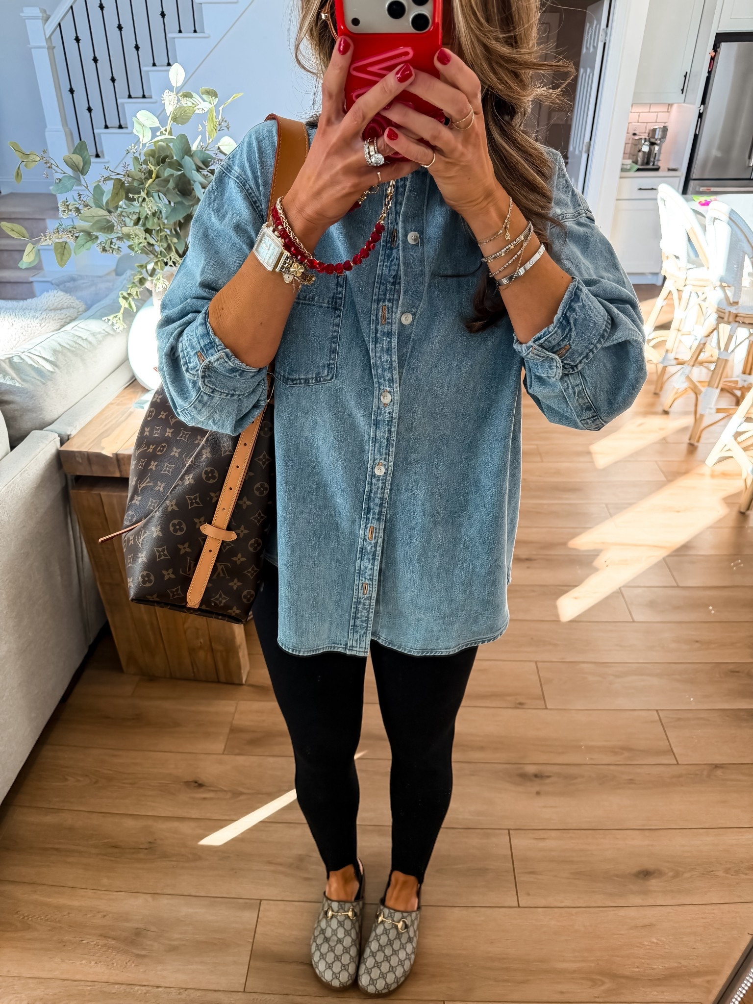 Everyday outfit
Leggings 
Gucci slides
Denim shirt
Travel outfit 

#LTKTravel #LTKOver40 #LTKMidsize