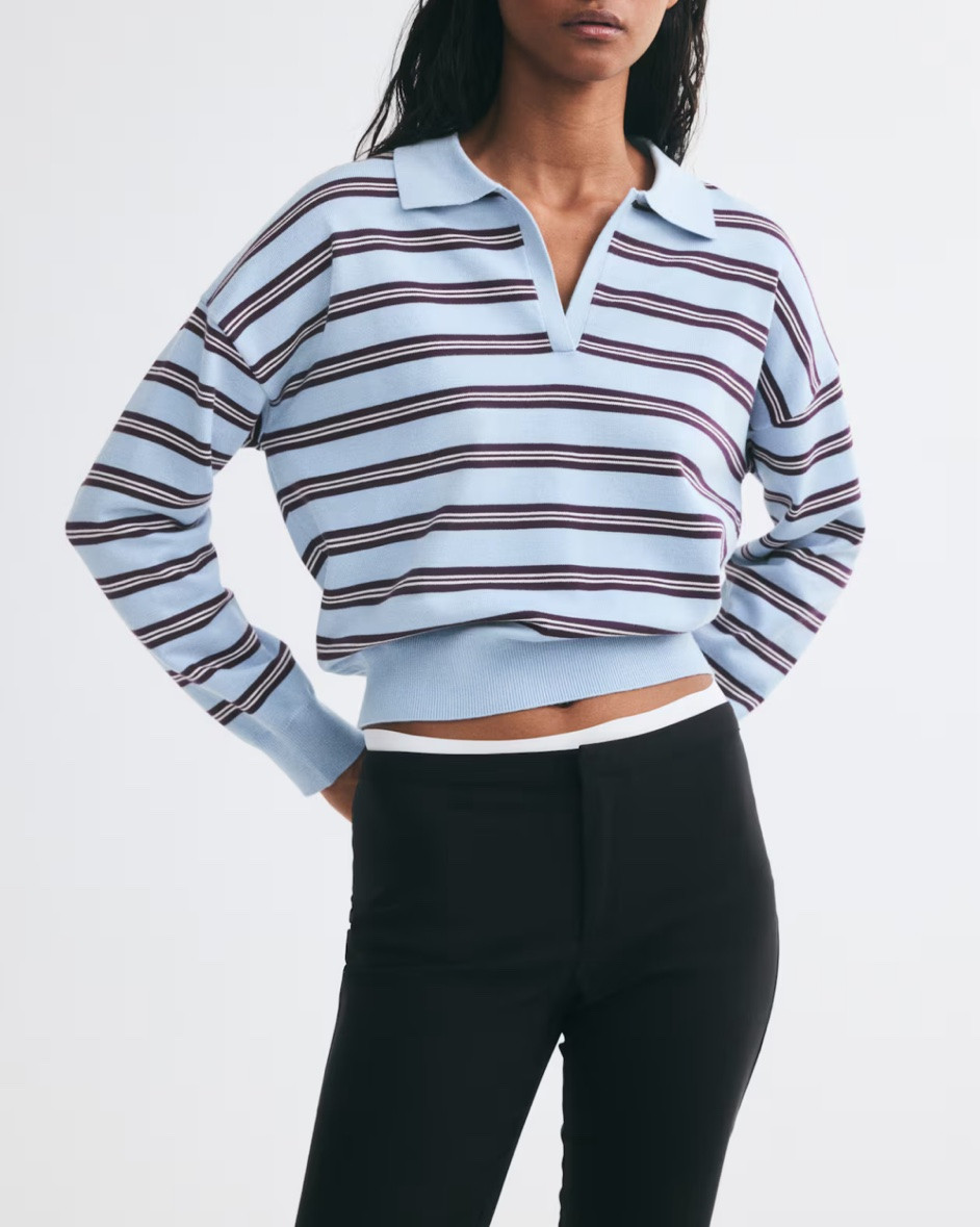 Light blue and brown striped collared sweater 
Polo sweater

#LTKSeasonal
