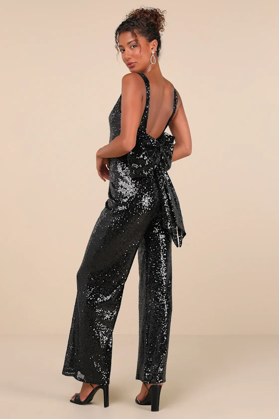 Feeling Sparkly Black Sequin Bow Wide-Leg Jumpsuit | Lulus