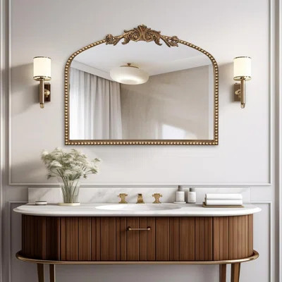 Wall mounted Baroque Arched Vanity Mirror – 36" x 30" Antique Gold Ornate Beaded Frame, Decorative Accent for Living Room, Bathroom, Bedroom, and Mant | Wayfair North America