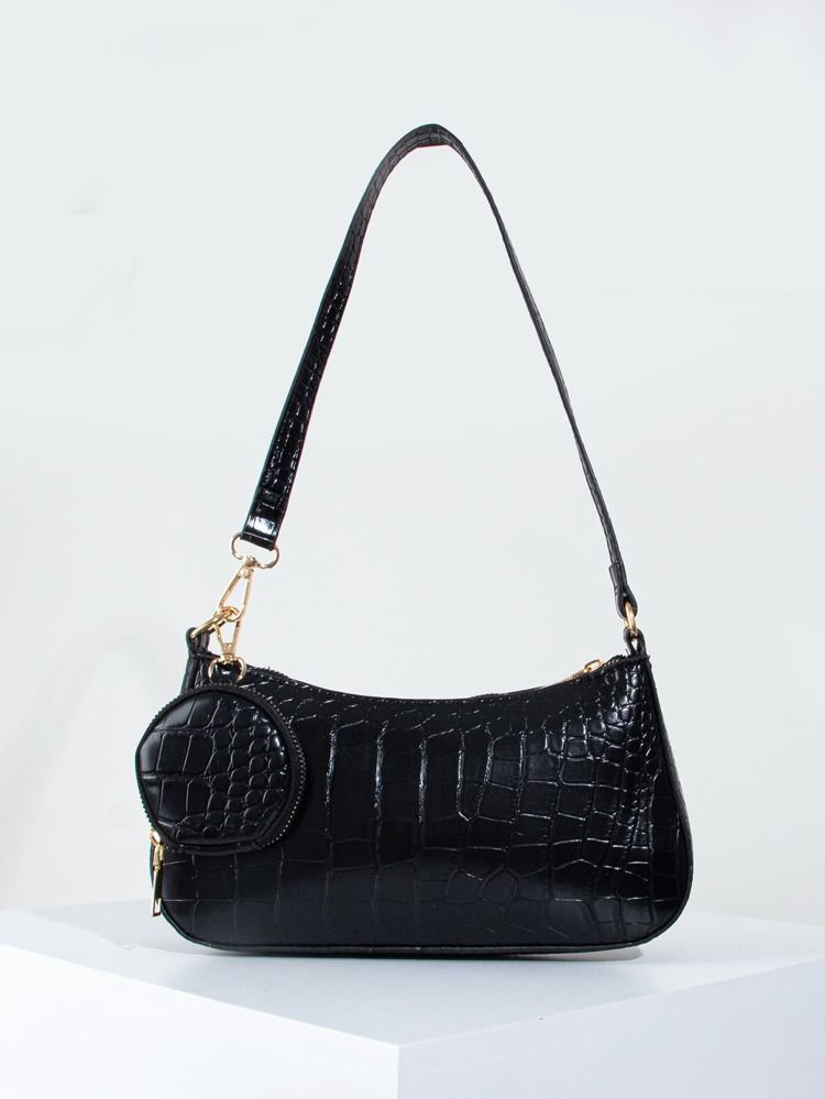Croc Embossed Baguette Bag With Purse | SHEIN