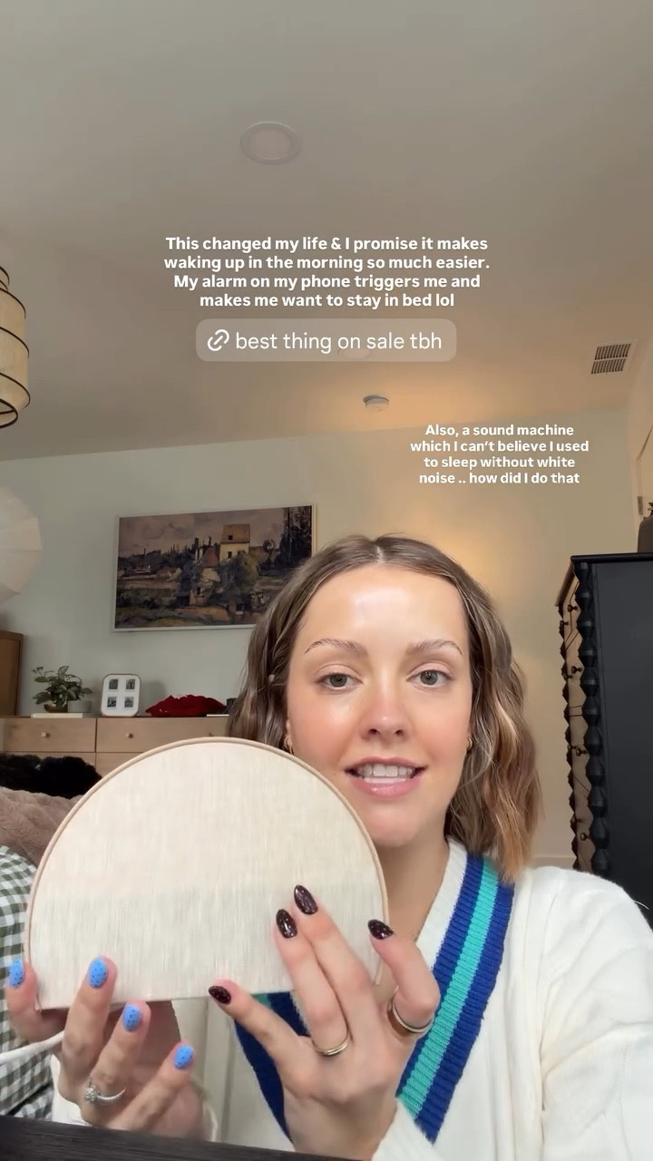 This changed my life & I promise it makes waking up in the morning so much easier. My alarm on my phone triggers me and makes me want to stay in bed lol Also, a sound machine which I can’t believe I used to sleep without white noise .. how did I do that