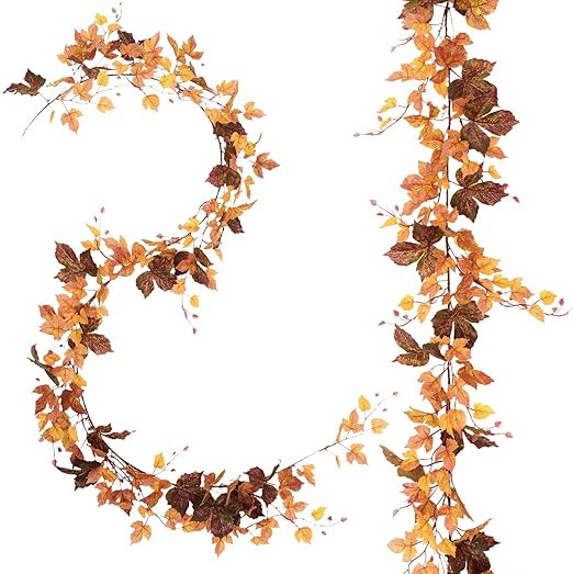 Sunm Boutique 2 Pcs 6.5Ft Artificial Fall Foliage, Fall Maple Leaf Garland, Autumn Garland Thanks... | Amazon (US)