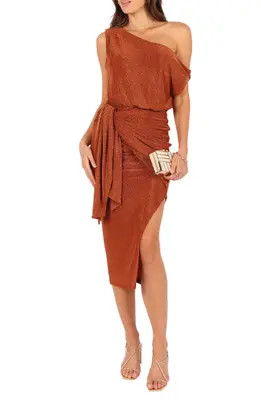 Petal & Pup Santiago Metallic Side Tie One-Shoulder Midi Dress in Bronze at Nordstrom, Size Medium | Nordstrom