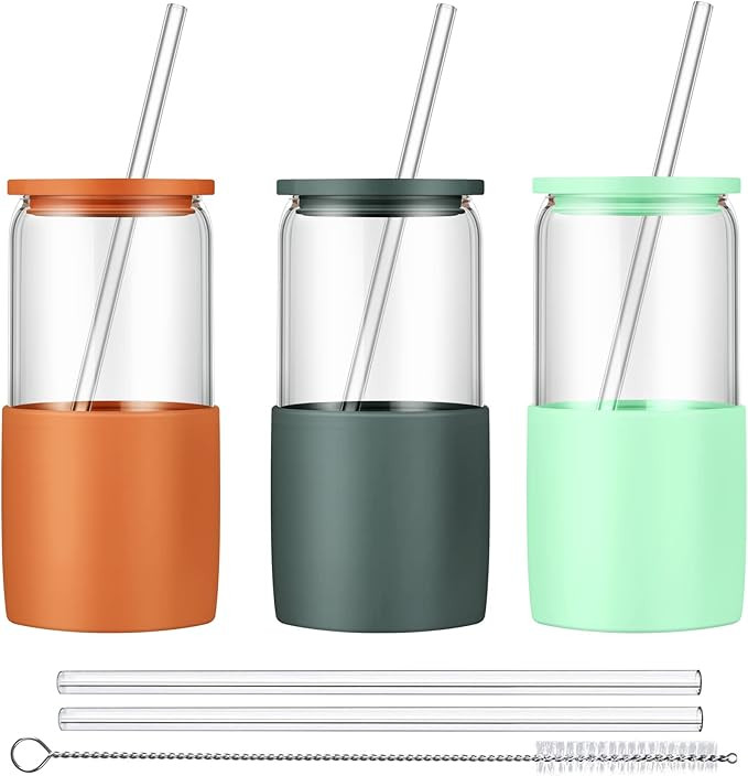 Sunseeke Glass Tumbler with Straw and Lid, 16oz Ice Coffee Cup, Silicone Sleeve Cleaning Brushes,... | Amazon (US)