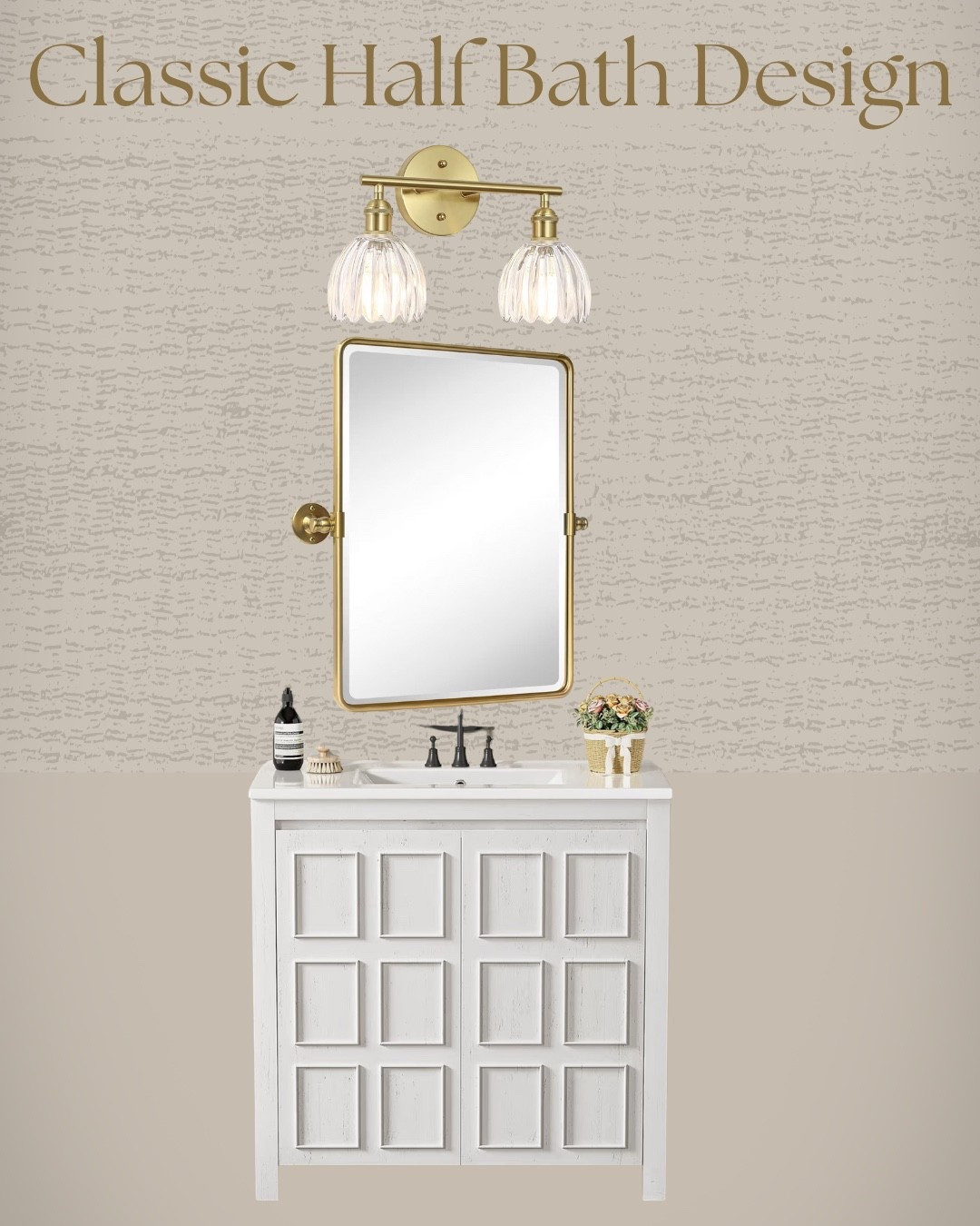 Classic half bath design that feels clean and timeless.
The white vanity keeps the space light, while the brass mirror and matching double sconce add warmth and contrast without feeling trendy.
Simple finishes, soft lighting, and balanced proportions make this an easy look to live with long term.

#LTKhome #LTKhomeinspo #LTKbathroom #LTKinteriordesign #LTKdecor

#LTKHome