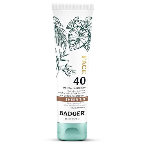Badger Tinted Mineral Sunscreen for Face SPF 40, No White Cast, 1.7 fl oz | Sheer Tint Warm Finish, Light or Dark Skin, No White Cast, 80% Organic Vegan Unscented, Tinted sunscreen | Amazon (US)