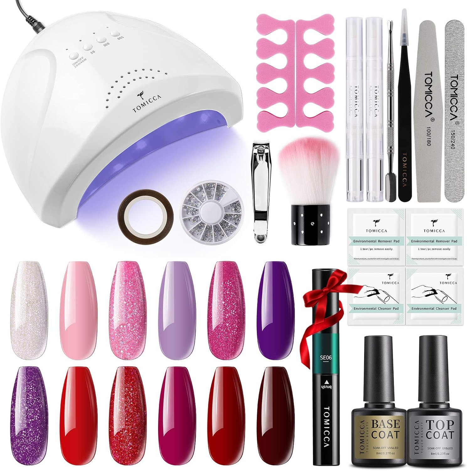 TOMICCA Gel Nail Polish Starter Kit with UV Light 12 Colors Gel Polish Glitter Red Colors, 48W Le... | Amazon (CA)