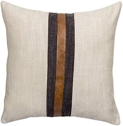 CARLOTA Farmhouse Decorative Outdoor Throw Pillow Covers for Couch Sofa Bed Brown Faux Leather Accen | Amazon (US)