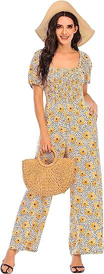 Women's Summer Floral Lantern Sleeve Tube Top High Waist Wide Leg Pants Casual Loose Smocked Jump... | Amazon (US)