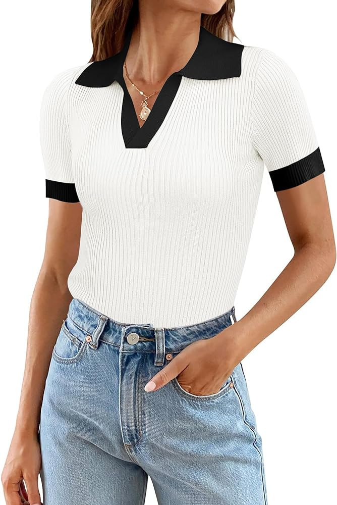 Ivicoer Womens 2024 Summer V Neck Short Sleeve T Shirts Slim Fitted Ribbed Knit Casual Tee Tops | Amazon (US)