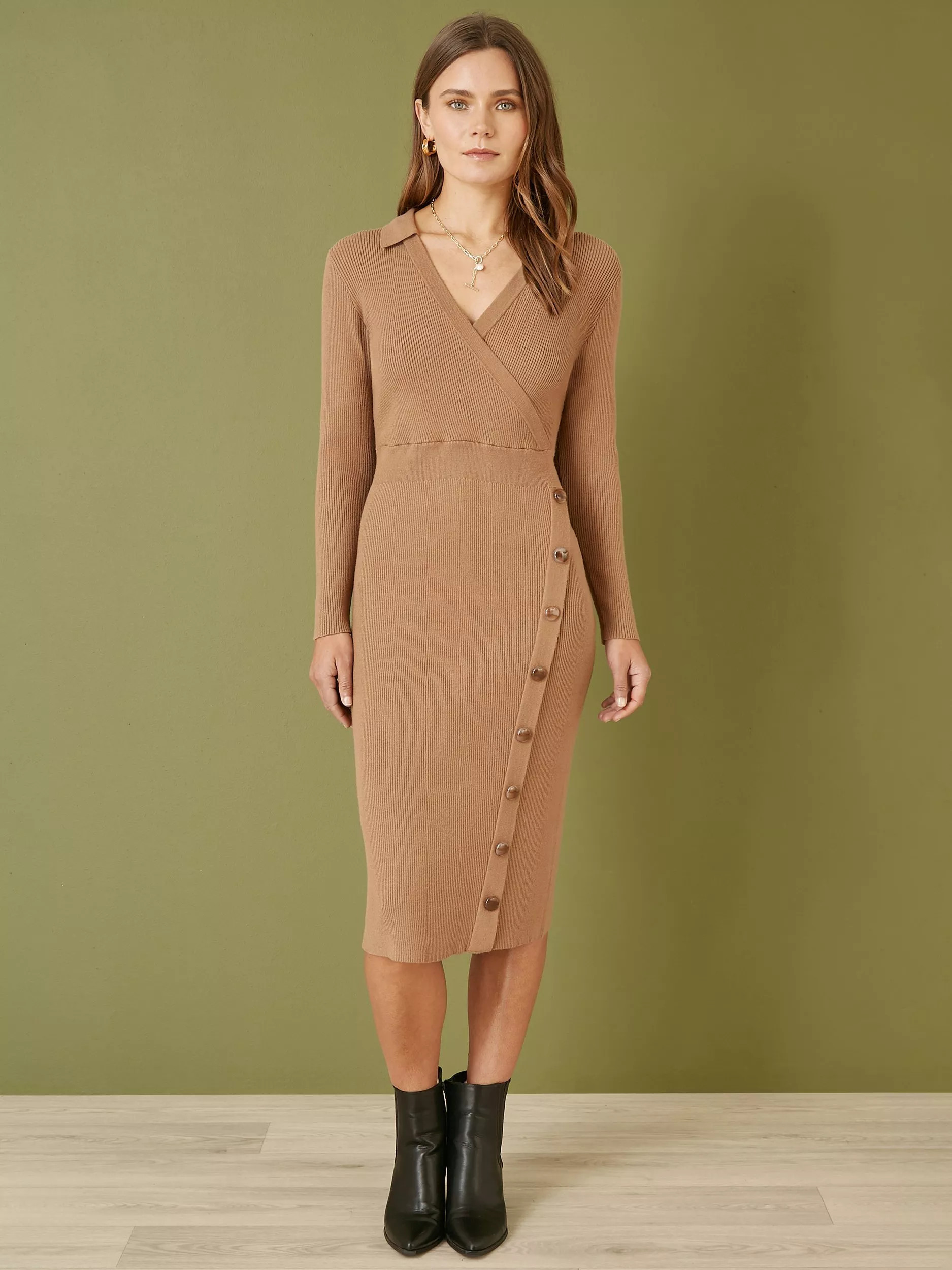 YumiKnitted Midi Dress, Brown | John Lewis (UK)