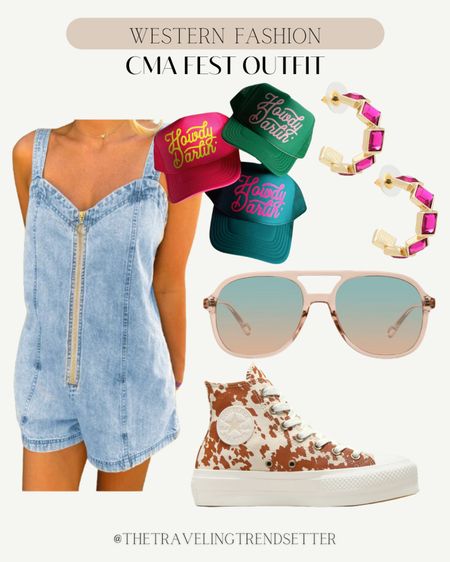 Summer outfit - western fashion- Nashville - CMA fest outfit - denim romper - sunglasss - trucker hat 

#LTKFindsUnder100 #LTKStyleTip #LTKFindsUnder50