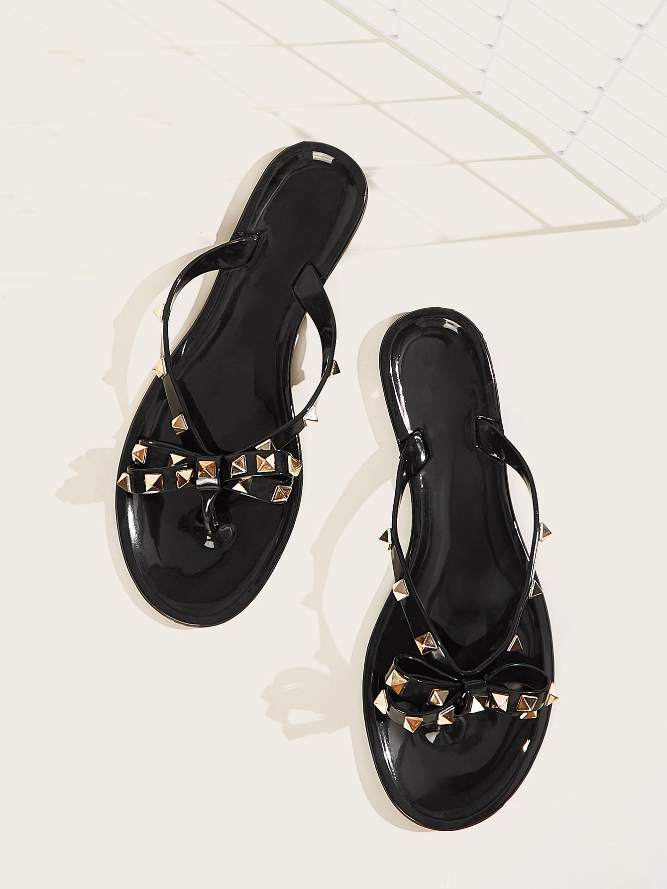 Studded Bow Decor Toe Post Sliders | SHEIN