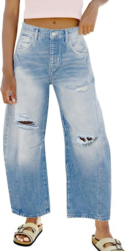 Tankaneo Womens Ripped Barrel Jeans Baggy Boyfriend Horseshoe Mid Rise Wide Leg Vintage Cropped D... | Amazon (US)