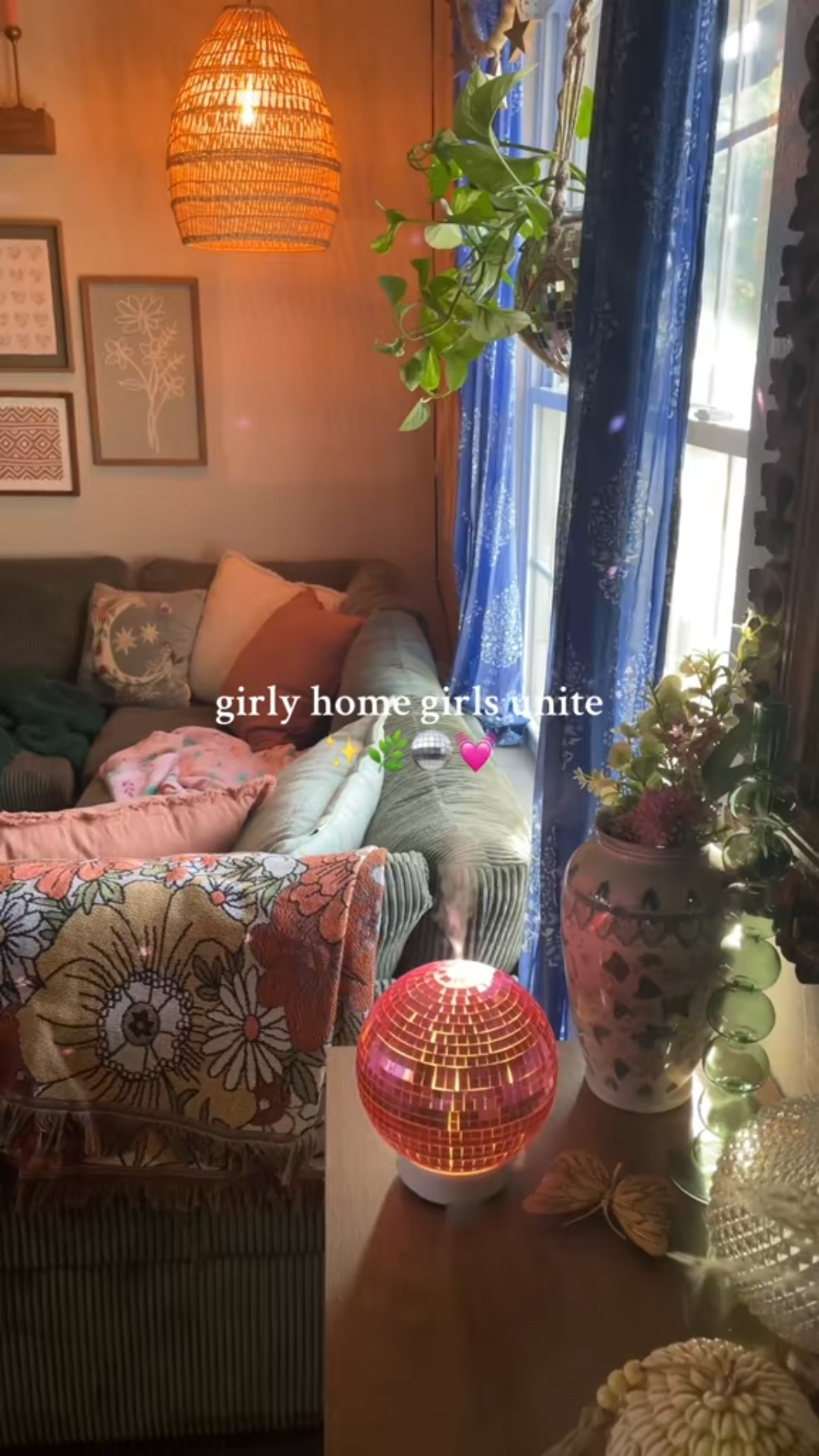 Pink Disco Ball Diffuser in my boho living room! #boho #homedecor #livingroom #diffuser #discoball