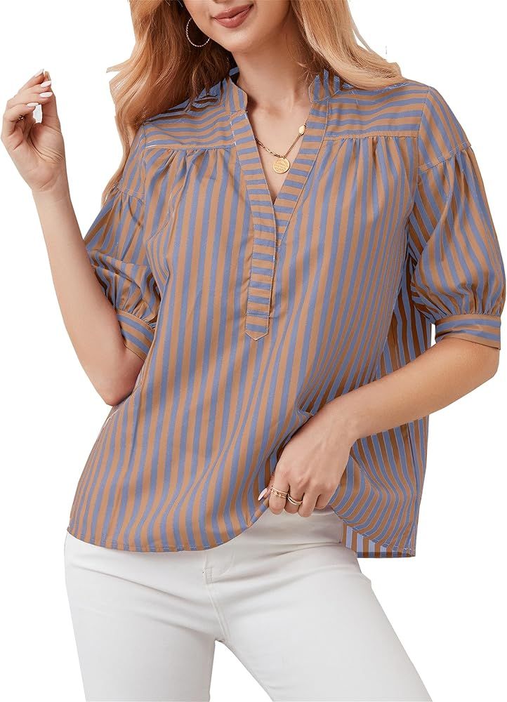 OLAPTA Women Striped Short Puff Sleeve Blouse Shirts V-Neck Loose Fit Summer Casual Work Office T... | Amazon (US)