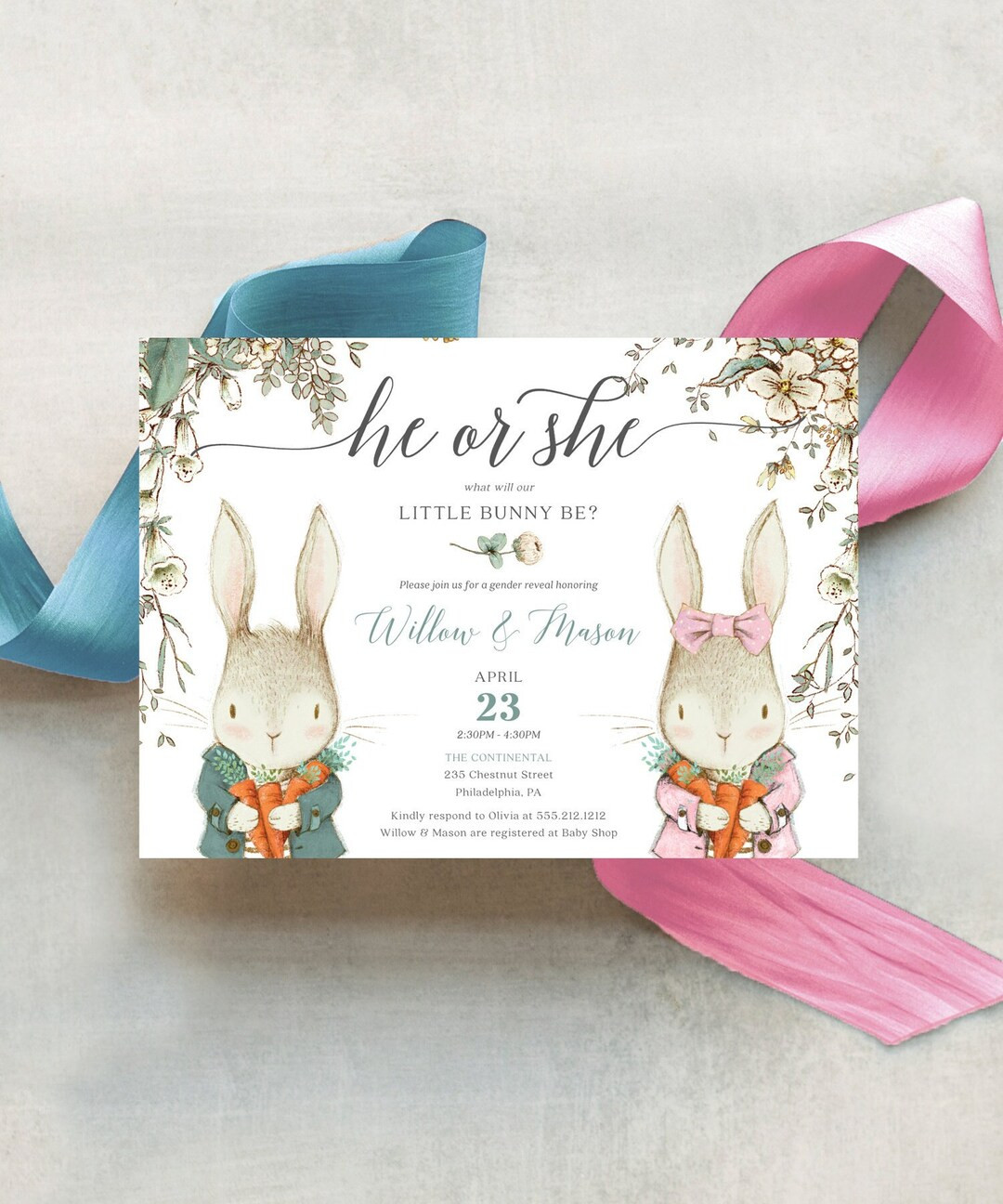 Vintage Rabbit Gender Reveal Invitation Template, Bunny Theme Gender Reveal, Woodland Gender Reve... | Etsy (US)