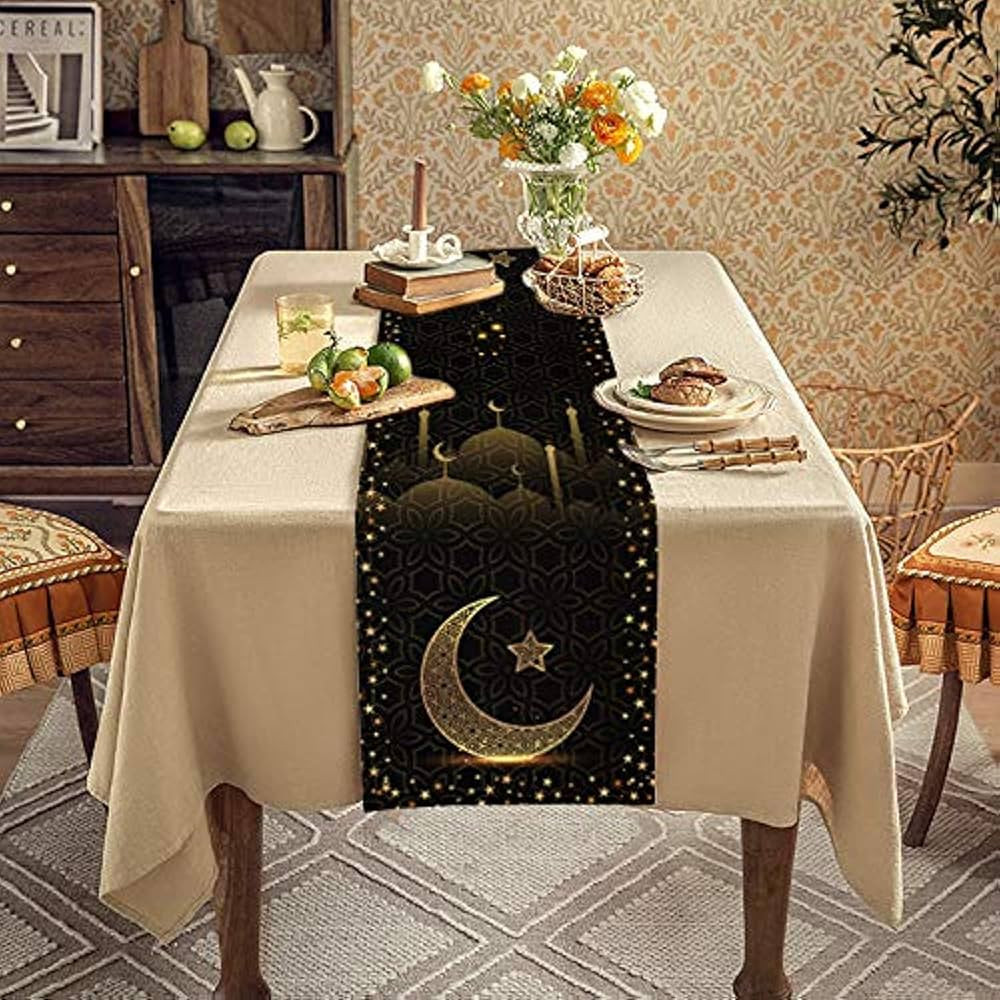 RenbangUS Eid Mubarak Table Runner Cotton and Linen Table Runner, Black Gold Star Moon Mosque Tab... | Amazon (US)