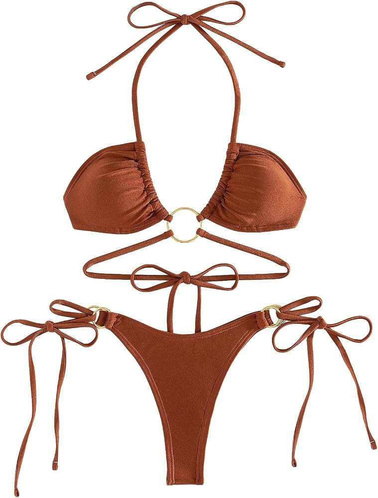 Milumia Women 2 Piece Swimsuits Ring Linked Halter Top High Cut Triangle Tie Side Bikini Sets | Amazon (US)