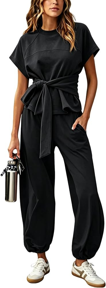 Women's 2 Pieces Outfit Set Casual Lounge Sets Short Sleeves Tee and Sweatpant Matching Set with ... | Amazon (US)