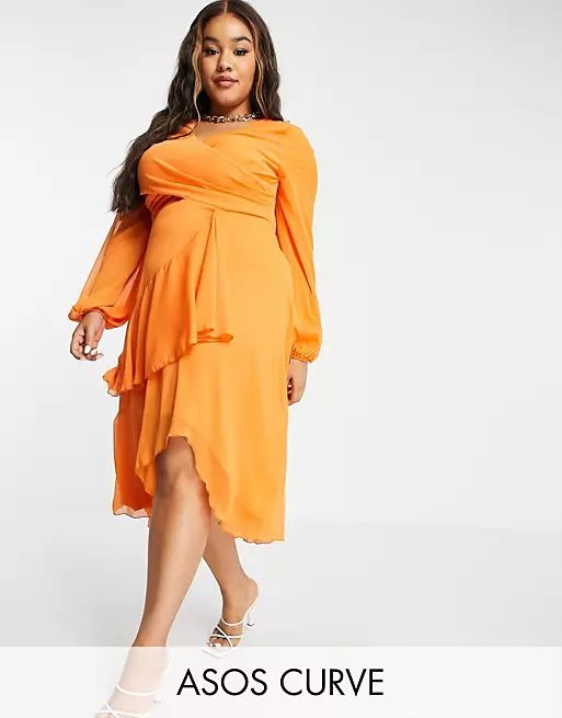 ASOS DESIGN Curve wrap waist midi dress with double layer skirt and long sleeve in orange | ASOS (Global)