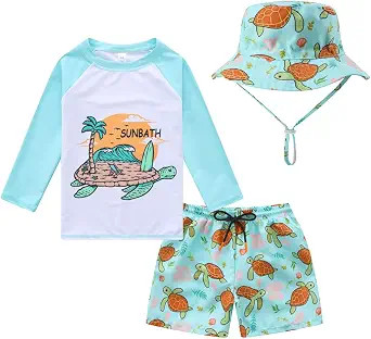 Toddlers and Baby Boys' 3-Piece Swimsuit Trunk and Rashguard Sun Hat Set | Amazon (US)