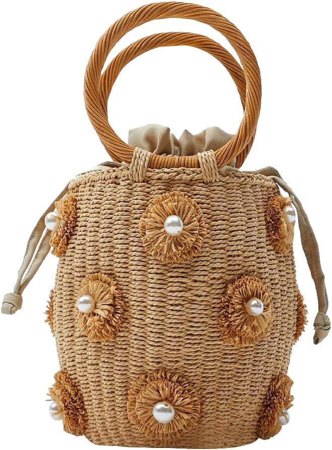 Flower Pearls Rattan Tote Bag Summer Beach Drawstring Straw Bucket Bag Diamonds Woven Handbag | Amazon (US)