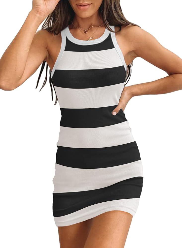 Womens Ribbed Scoop Neck Sleeveless Tank Dresses Basic Bodycon Mini Dress | Amazon (US)