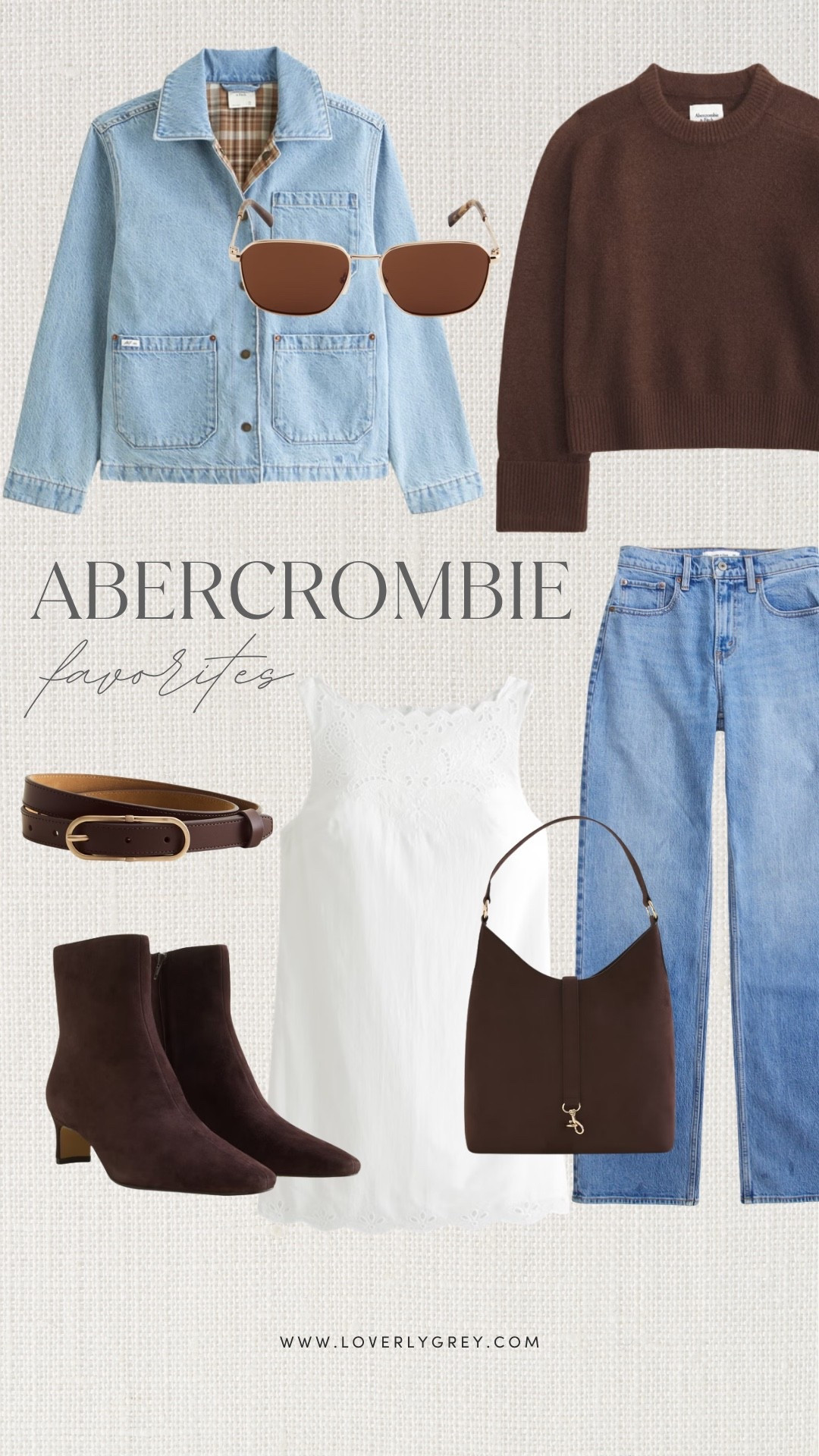 Abercrombie fall outfit finds featuring straight leg jeans, a denim jacket, brown sweater, white midi dress, suede ankle boots and fall accessories. Easy neutral pieces to mix and match for everyday fall outfits! Use code AFLOVERLY for an extra 15% off.

#LTKgrwm #LTKSeasonal