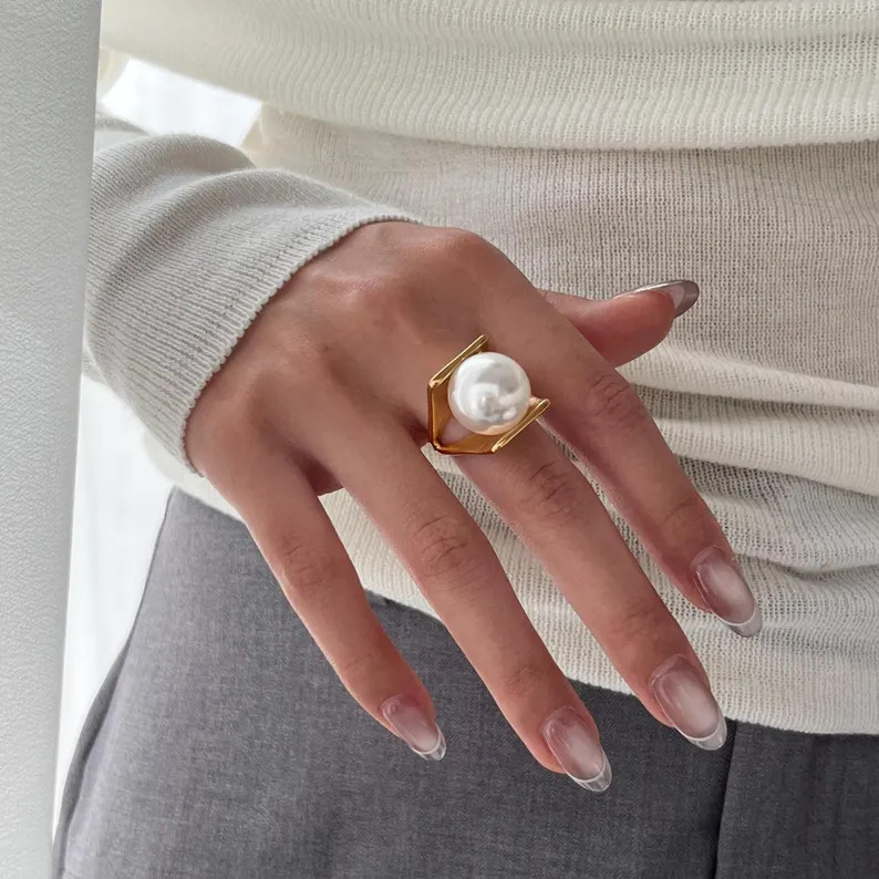 Giant Pearl Ring: 18K Gold Plated Chunky Minimalist Statement Jewelry - Etsy | Etsy (Global)