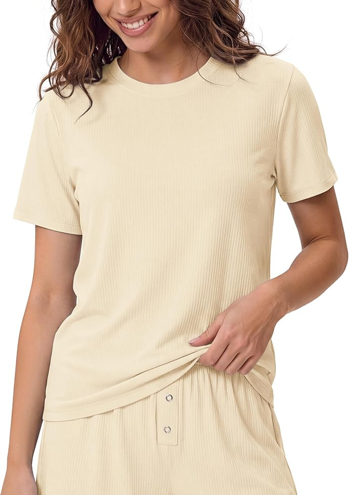ODODOS Women's Bamboo Viscose Short Sleeve Relaxed Tee, Ultra Soft Ribbed Sleep Lounge Casual Eve... | Amazon (US)
