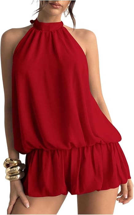Floerns Women Backless Sleeveless Ruffle Bubble Hem Mesh Halter Mini Dress | Amazon (US)