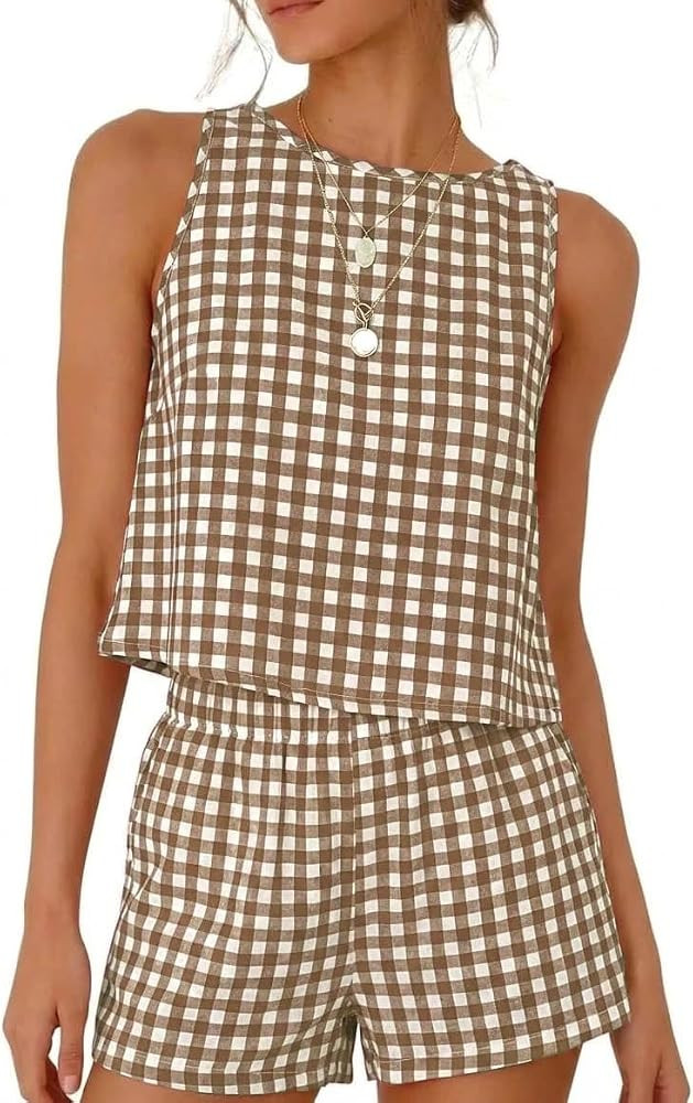 Kinghua Two Piece Sets for Women Spring Summer Beach Crop Gingham Tank Tops and Plaid Shorts Cott... | Amazon (US)