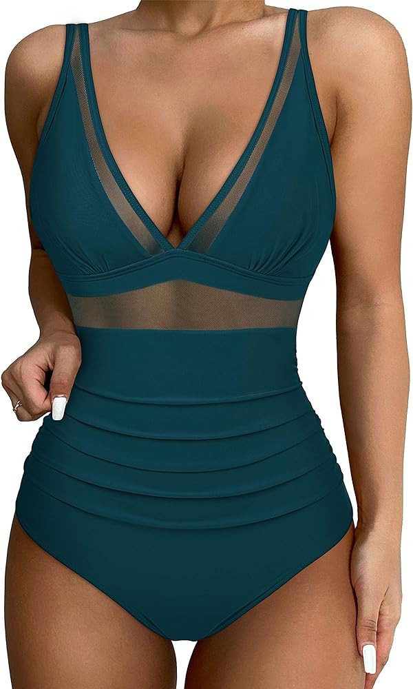 SUUKSESS Women Sexy Mesh Tummy Control Swimsuit Push Up High Waisted Bathing Suit | Amazon (US)
