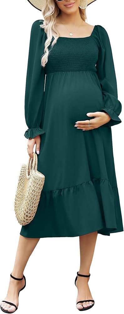 Coolmee Smocked Maternity Boho Dress Summer Casual Spaghetti Strap Ruffle Sleeveless Flowy Maxi D... | Amazon (US)