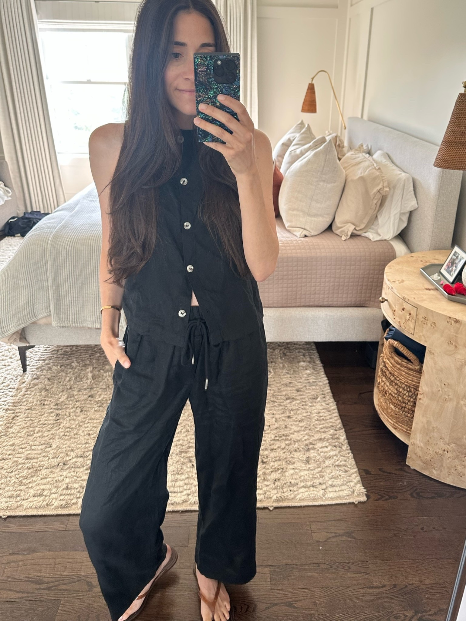 i ordered + returned a few linen sets before finally finding this one — by far the best fit and quality. AND UNDER $100!

fits true to size, i’m 5’6” wearing the small in both the top and bottom. comes in a bunch of colors

[p.s. the buttons go in the back, but I saw someone wear it backwards + I actually like it better!]

sandals are Zara but can’t link them here!

summer // outfit // style // quince //inspiration // fashion

#LTKootd #LTKmomlife #LTKSeasonal