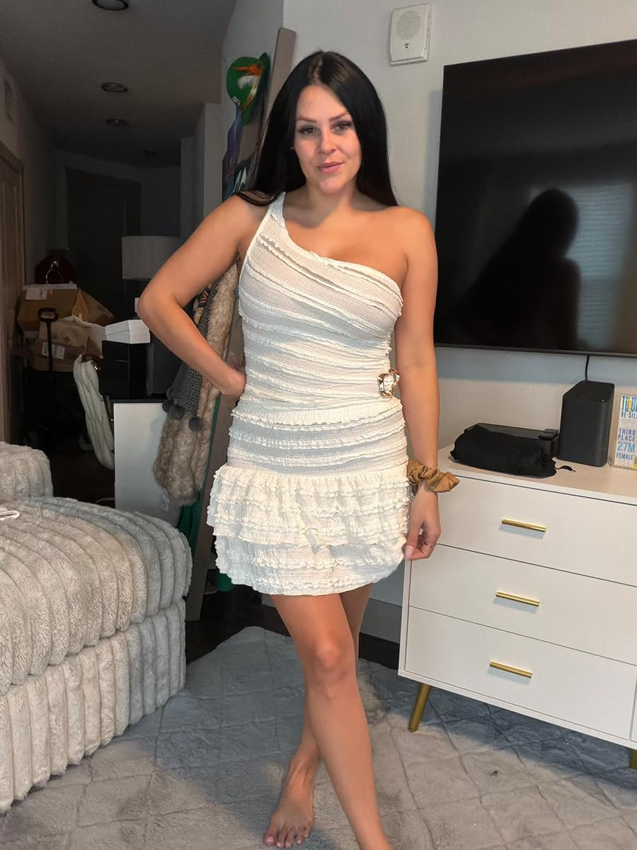 Feeling ready for summer in this one-shoulder white ruffled mini-dress with a subtle textured pattern. #LTKSummerDress #WhiteMini #OneShoulder 

 #LTKHoliday #LTKdayinmylife #LTKootd