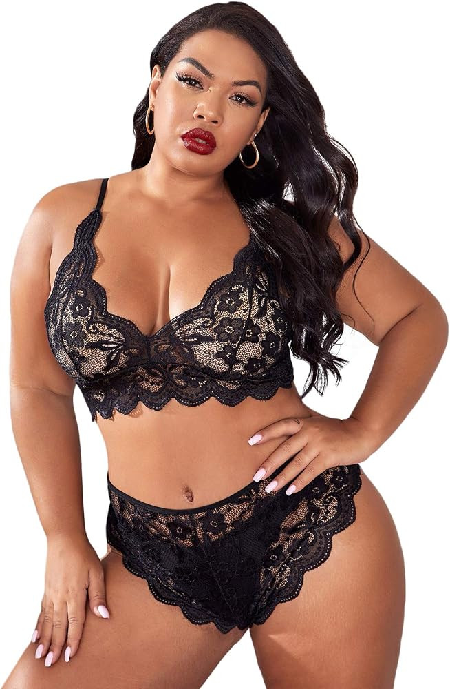 SOLY HUX Women's Plus Size Floral Lace Scalloped Trim Lingerie Set Bra and Panty | Amazon (US)