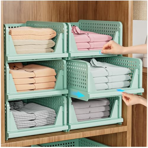 SNSLXH 5 Pack Stackable Closet Organizer Box, Multifunctional & Foldable Closet Storage Basket for Bathroom Kitchen Laundry Room Wardrobe Storage, Space-Saving Clothes Storage Drawer Organizer, Green | Amazon (US)