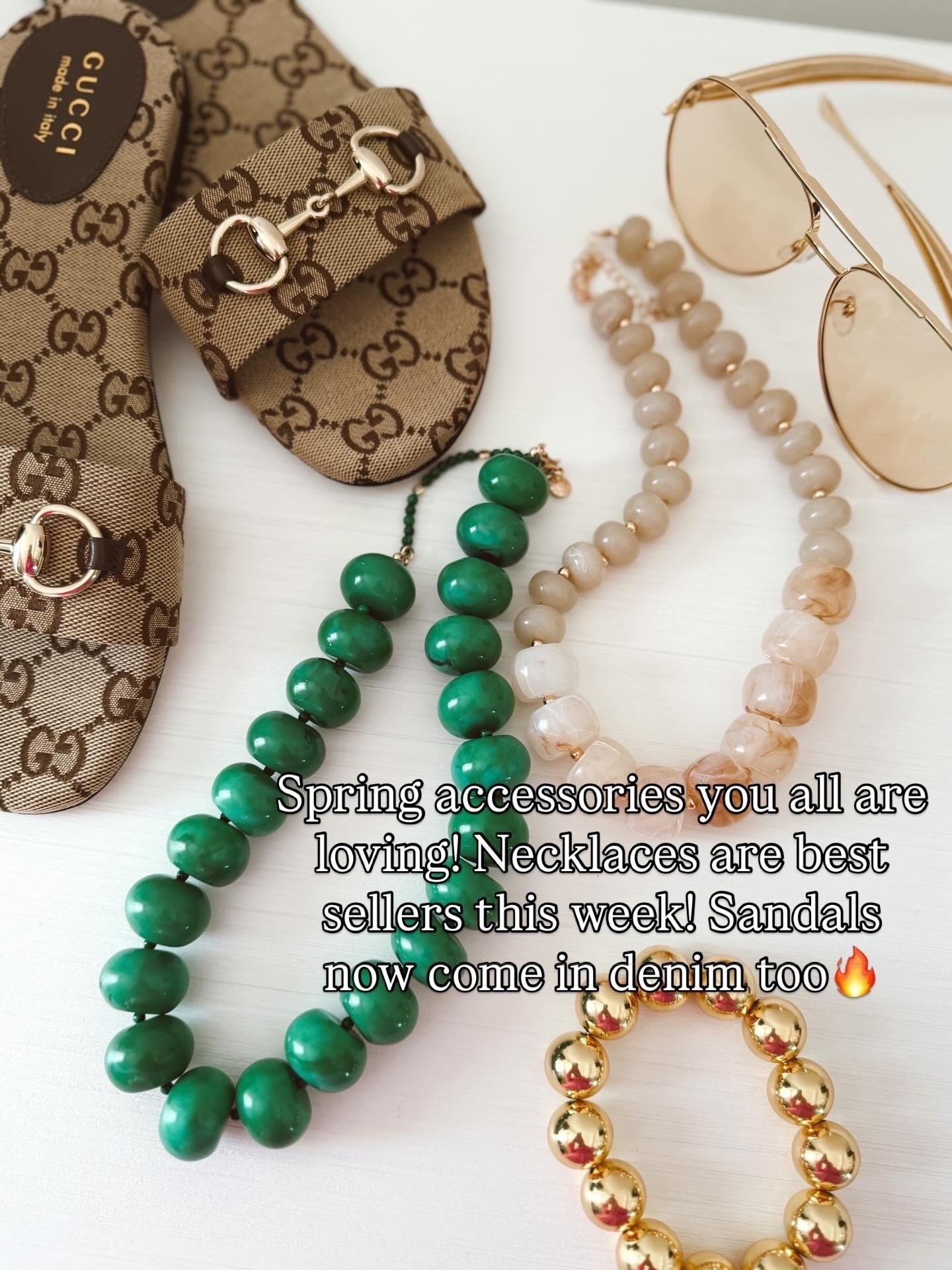 Spring accessories you all are loving 🌸 These necklaces were best sellers this week and the Gucci sandals now come in denim too 🤎✨

Date night. Vacation outfits beach. Resort wear 2026. Spring outfits. Accessories. 

#LTKootd #LTKSeasonal