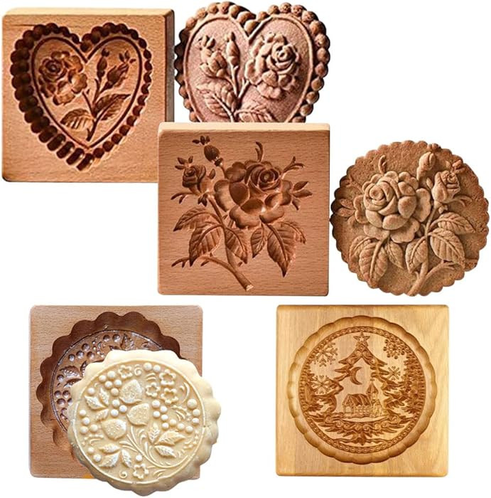 4Pcs Wooden Cookie Biscuit Mold Cookie Cutters - 3D Baking Mold Funny Embossing Craft Decorating ... | Amazon (US)