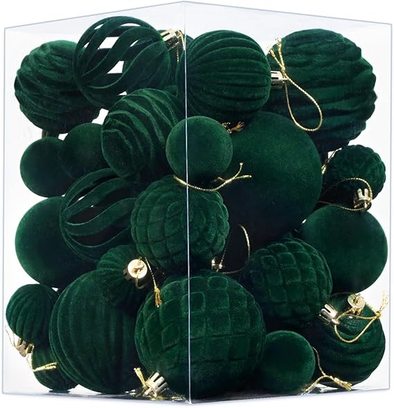 Waipfaru 38Pcs Velvet Ornaments for Christmas Tree Dark Green Flocked Christmas Ornaments Shatter... | Amazon (US)