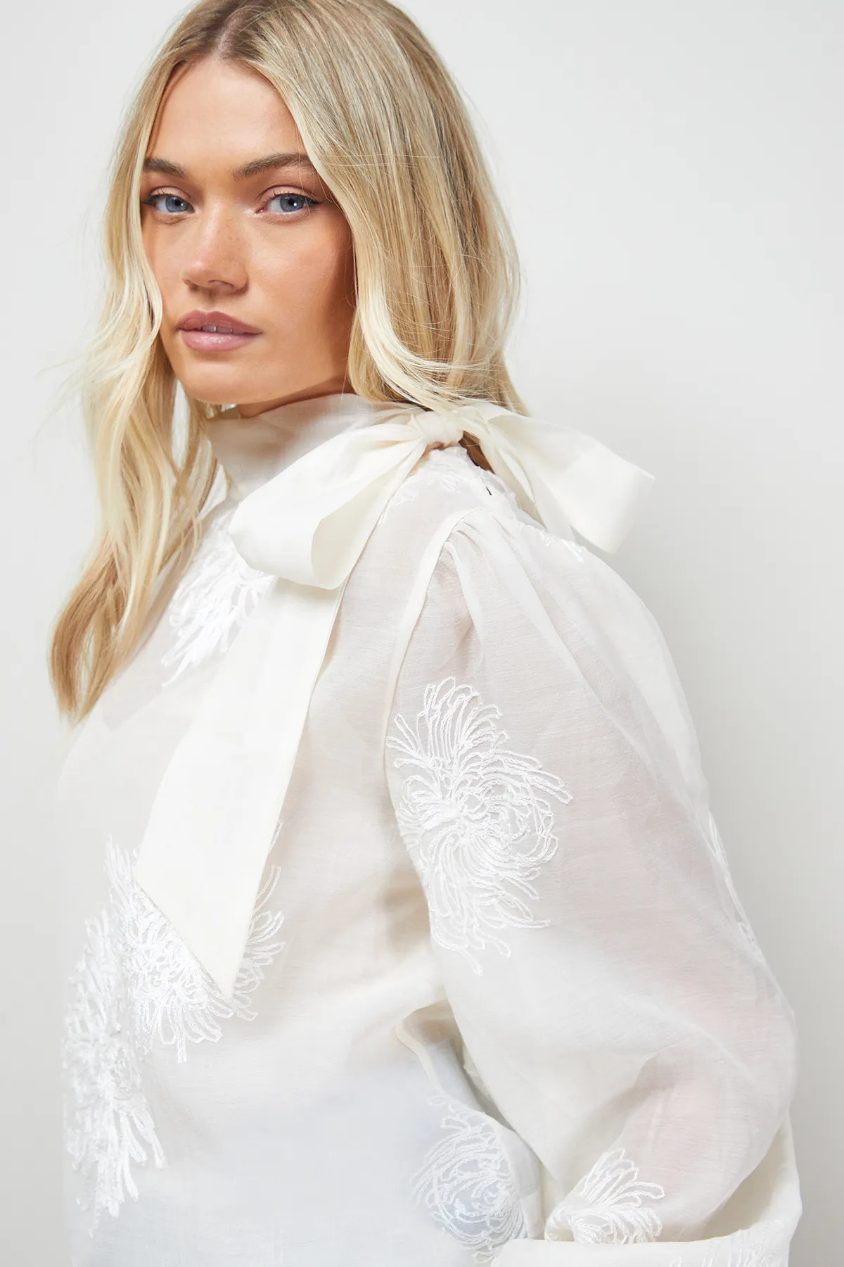 Embroidered Tie Neck Blouse | boohoo (US & Canada)