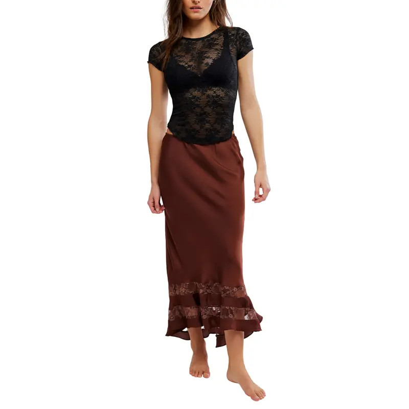 Free People Long Lost Lover Lace Detail Satin Slip Skirt in Tea at Nordstrom, Size Medium | Nordstrom